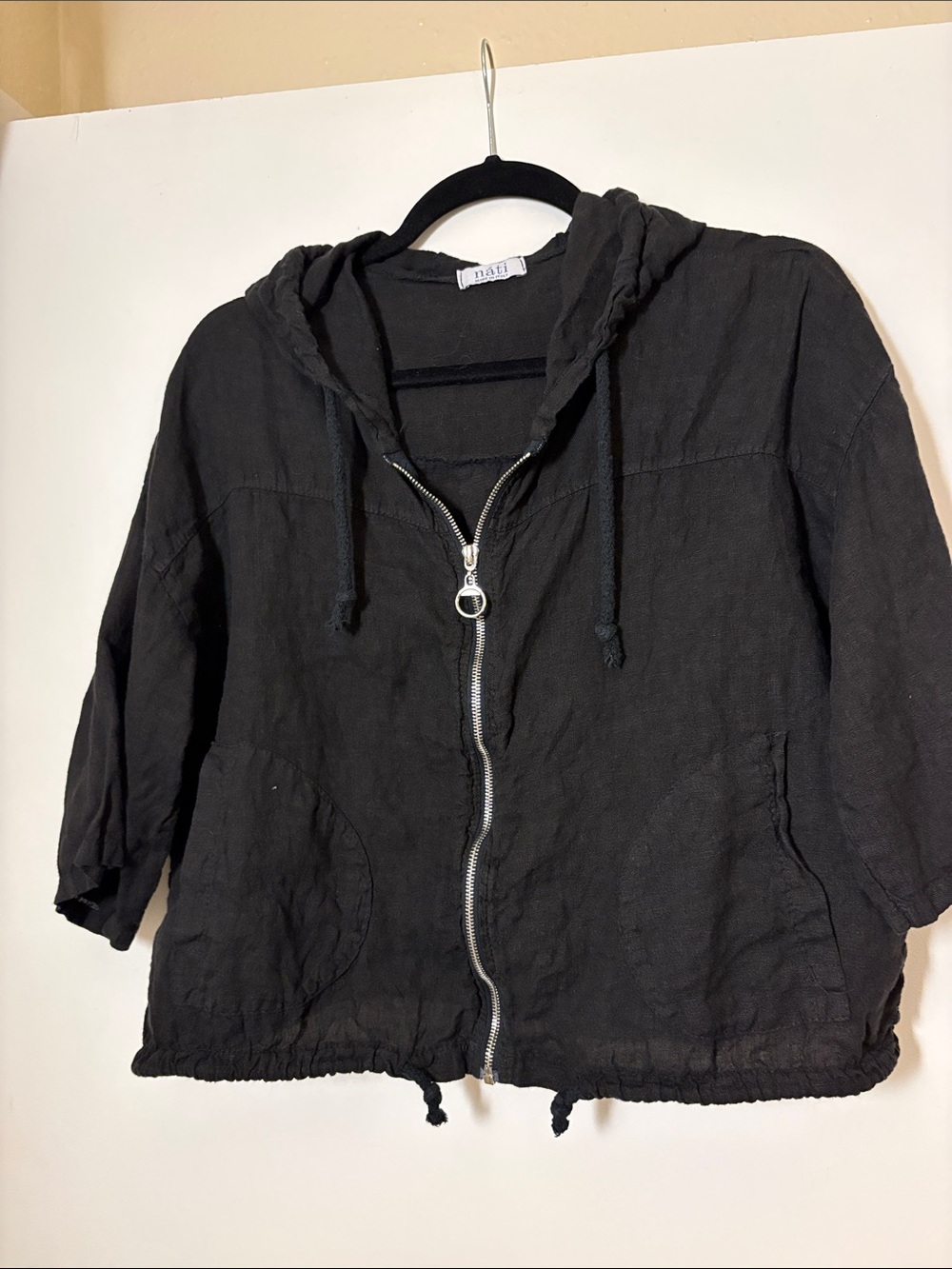 Casual Black Hooded linen Zip Utility Jacket